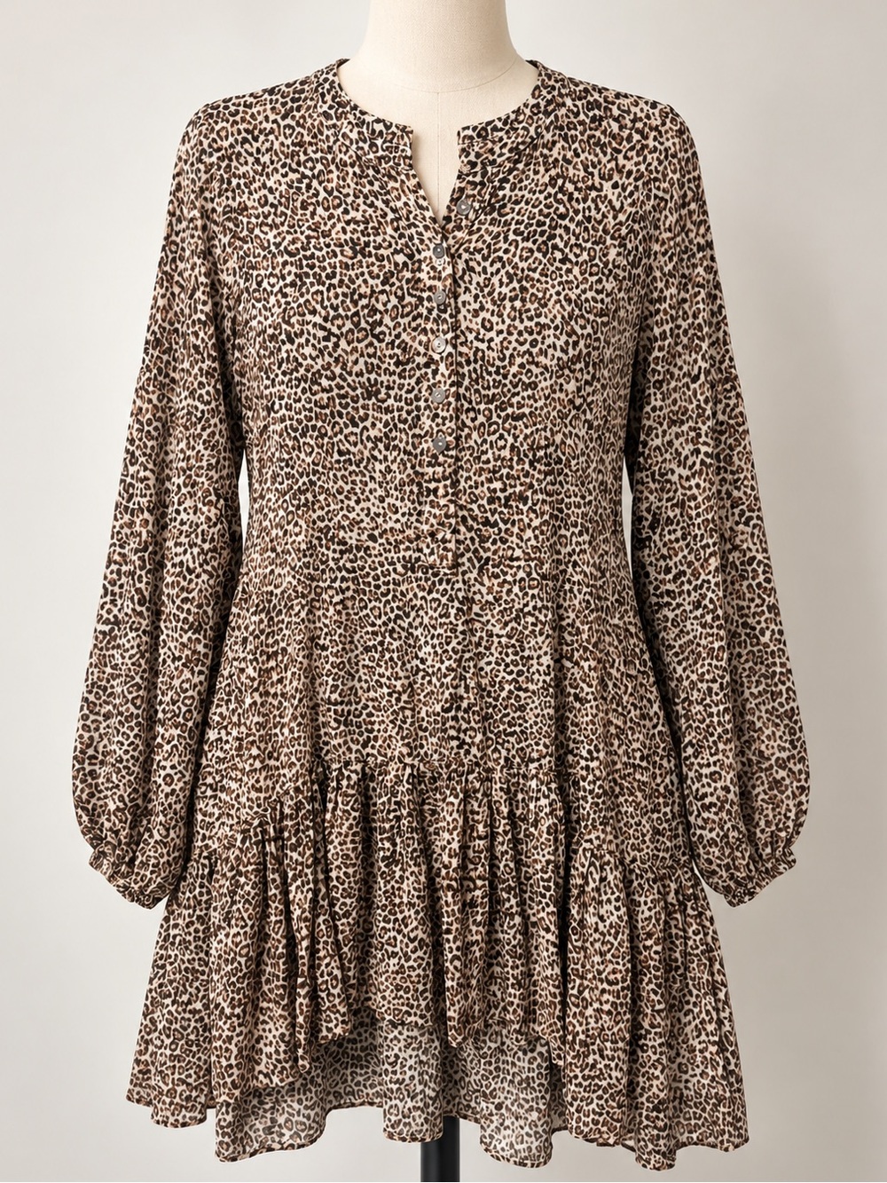 Vici Brown Leopard Print Long Sleeve Tiered Dress